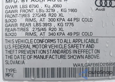 2014 Audi Q7 3.0T Premium from USA, damaged, VIN WA1LGAFE6ED015856